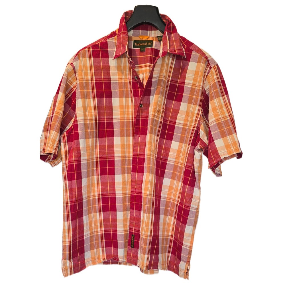 Timberland Mens Large Short Sleeve Button Down Shirt Plaid Red Orange Cotton